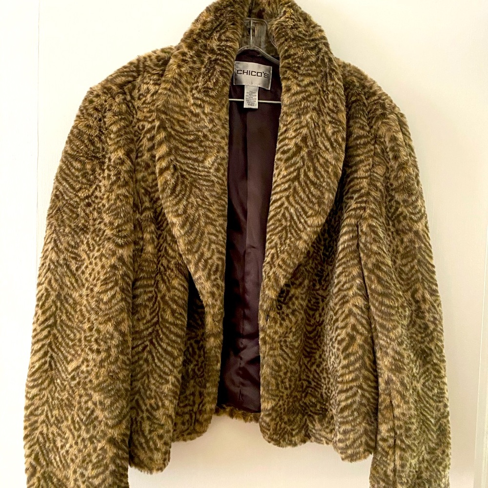 Chico’s faux fur animal print jacket.